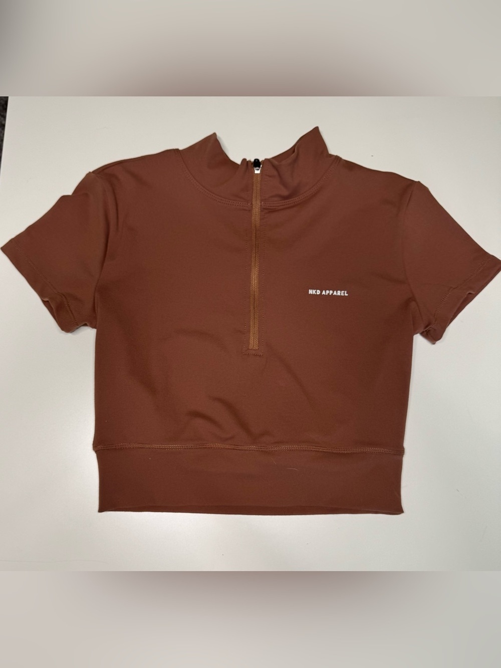 NKD APPAREL 1/4 Zip Chocolate Short Sleeve Athletic Mock Neck Crop Top Sz XS